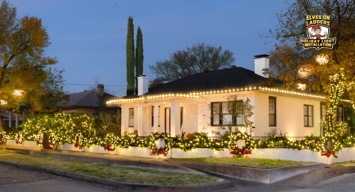 garland wreath and bows christmas lighting display