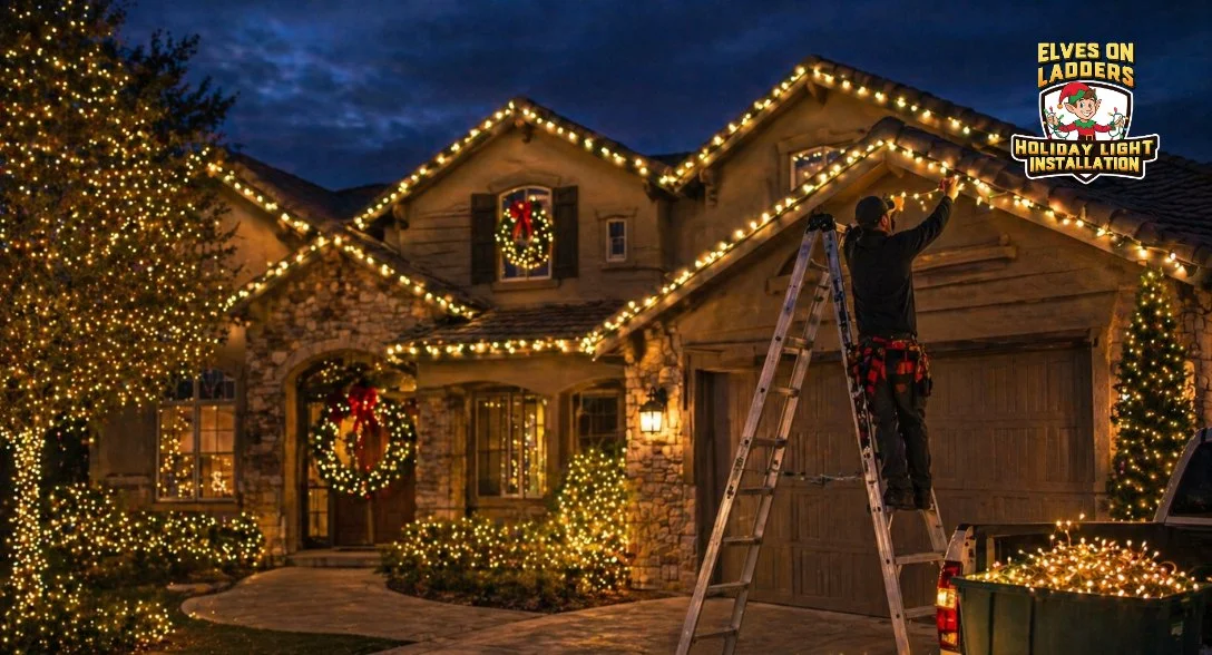 last minute christmas light installation house at night